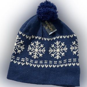 Juncture Winter Hat with Pom Pom Royal Blue with White Snowflakes